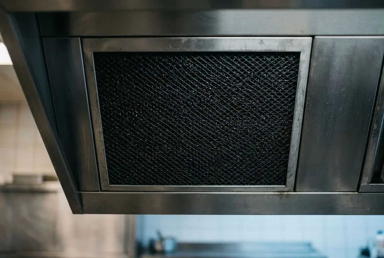 Filtre à charbon actif encastré dans une hotte, vue métallique sombre et grille de filtration visible. à quoi sert le filtre à charbon dans une hotte intégré naturellement.