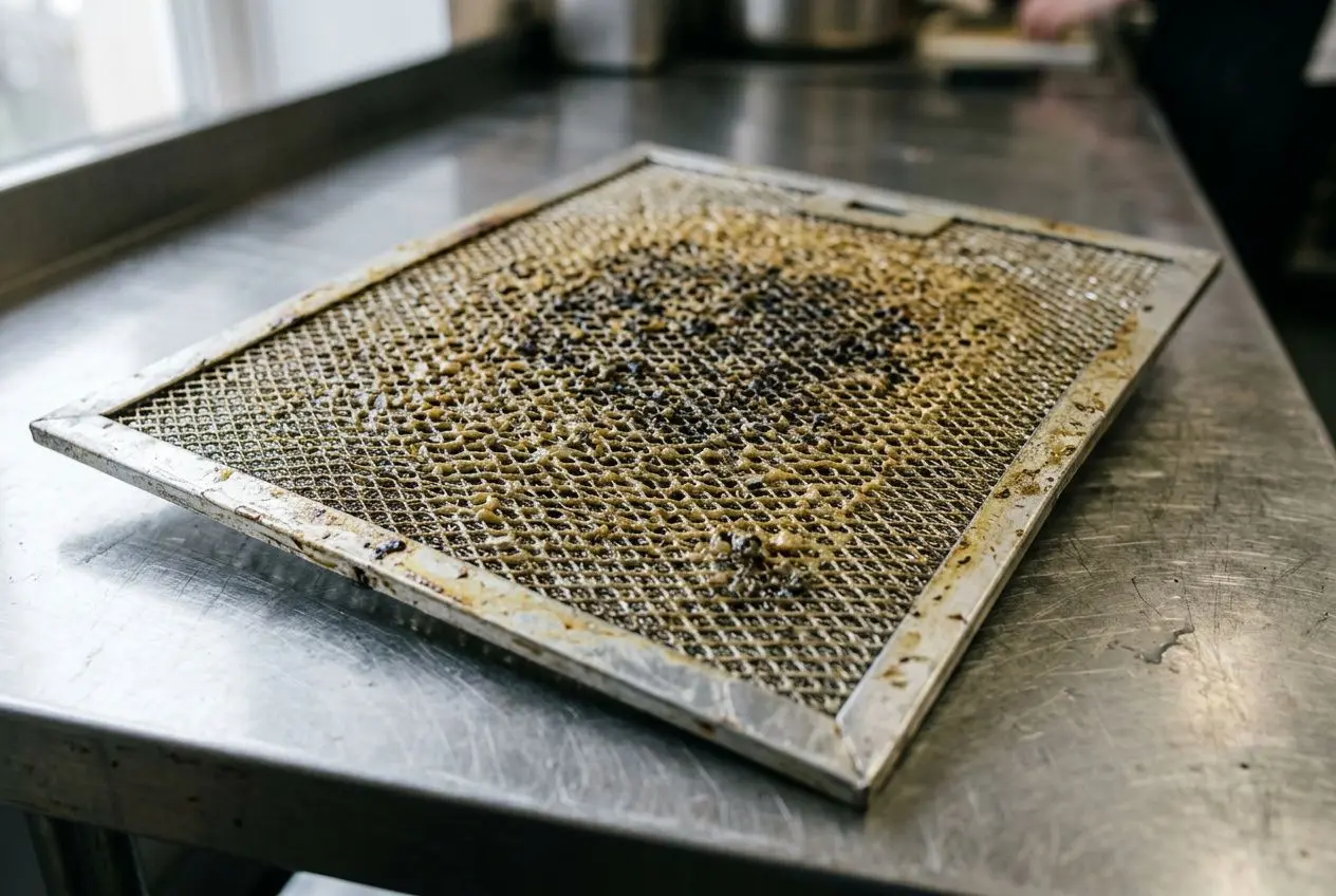 Filtre de hotte de cuisine très sale posé sur une table en inox, à nettoyer et dégraisser ensuite. Inclut le contexte “comment bien nettoyer les filtres de hotte”.
