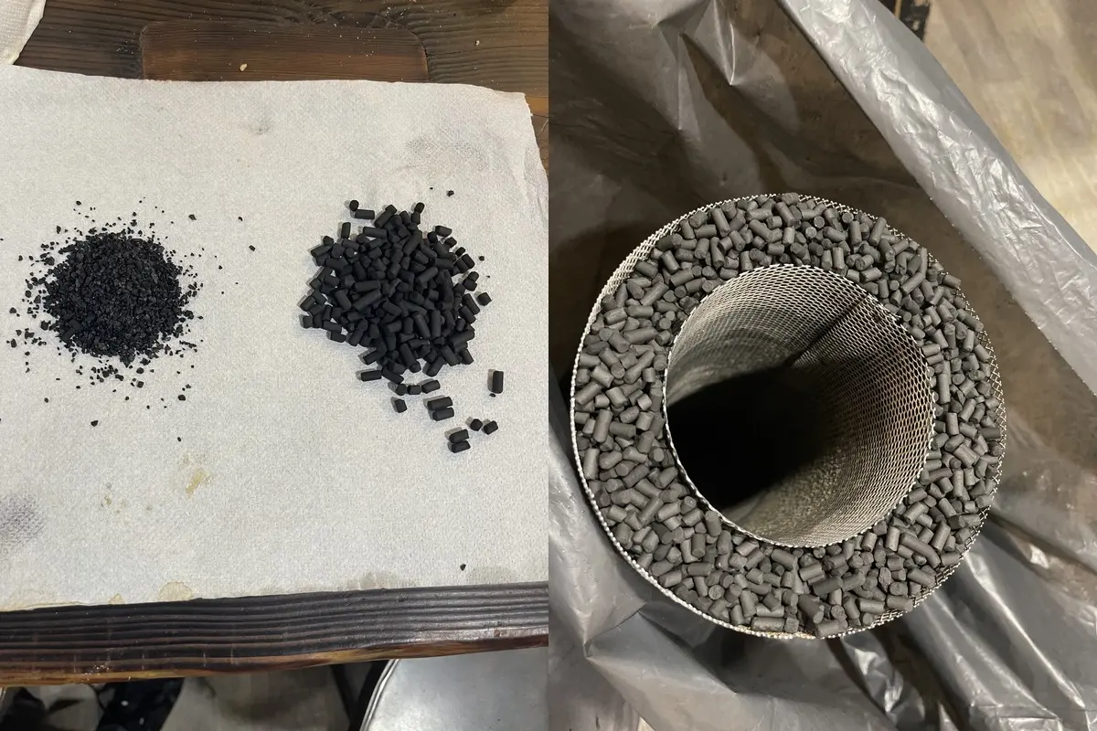 Granulés de charbon actif avec un cylindrique pour caisson.