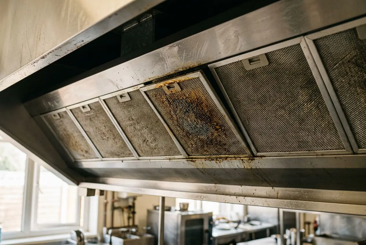 Panneau de hotte aspirante encrassé, montrant des filtres à graisse usés et sales au-dessus de la plaque de cuisson. Inclus: intérieur de cuisine professionnelle. Changer filtre hotte indiqué.