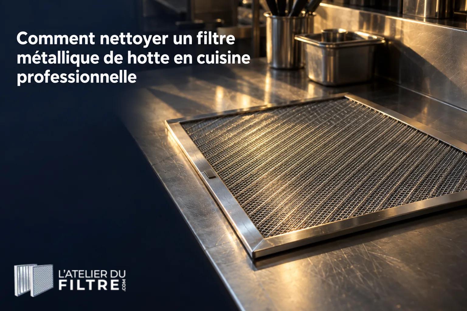 Comment nettoyer filtre métallique de hotte en cuisine professionnelle, démonstration d’un filtre en acier inox et plan de travail pro.