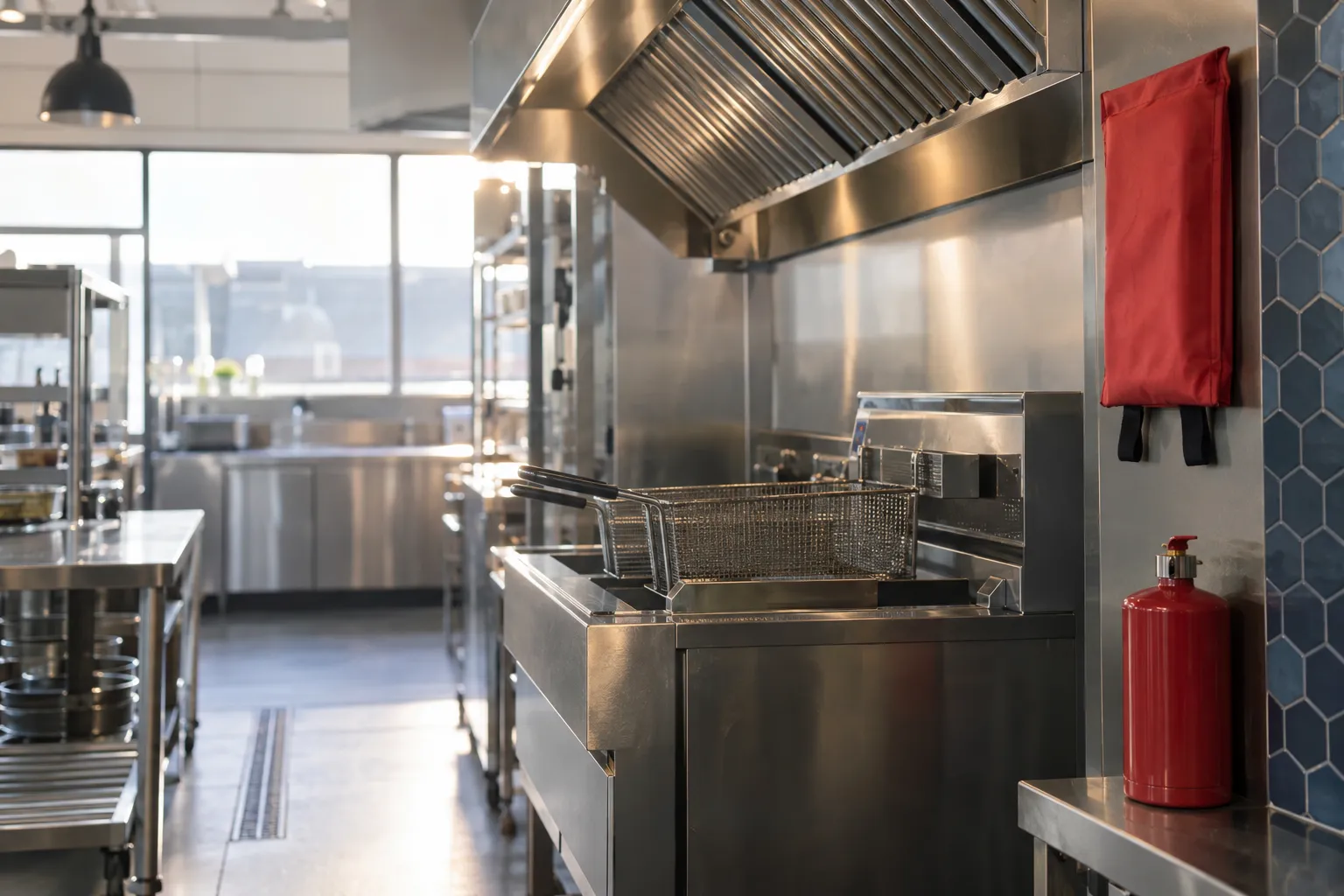 Cuisine professionnelle avec une hotte et une friteuse en acier inoxydable, une bouteille extincteur rouge et un panier