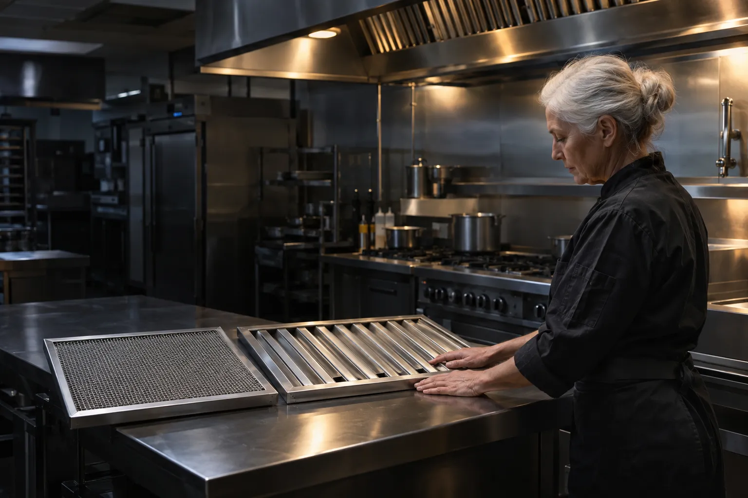 Une cuisinière en cuisine professionnelle inspecte un filtre métallique amovible posé sur une table en métal.