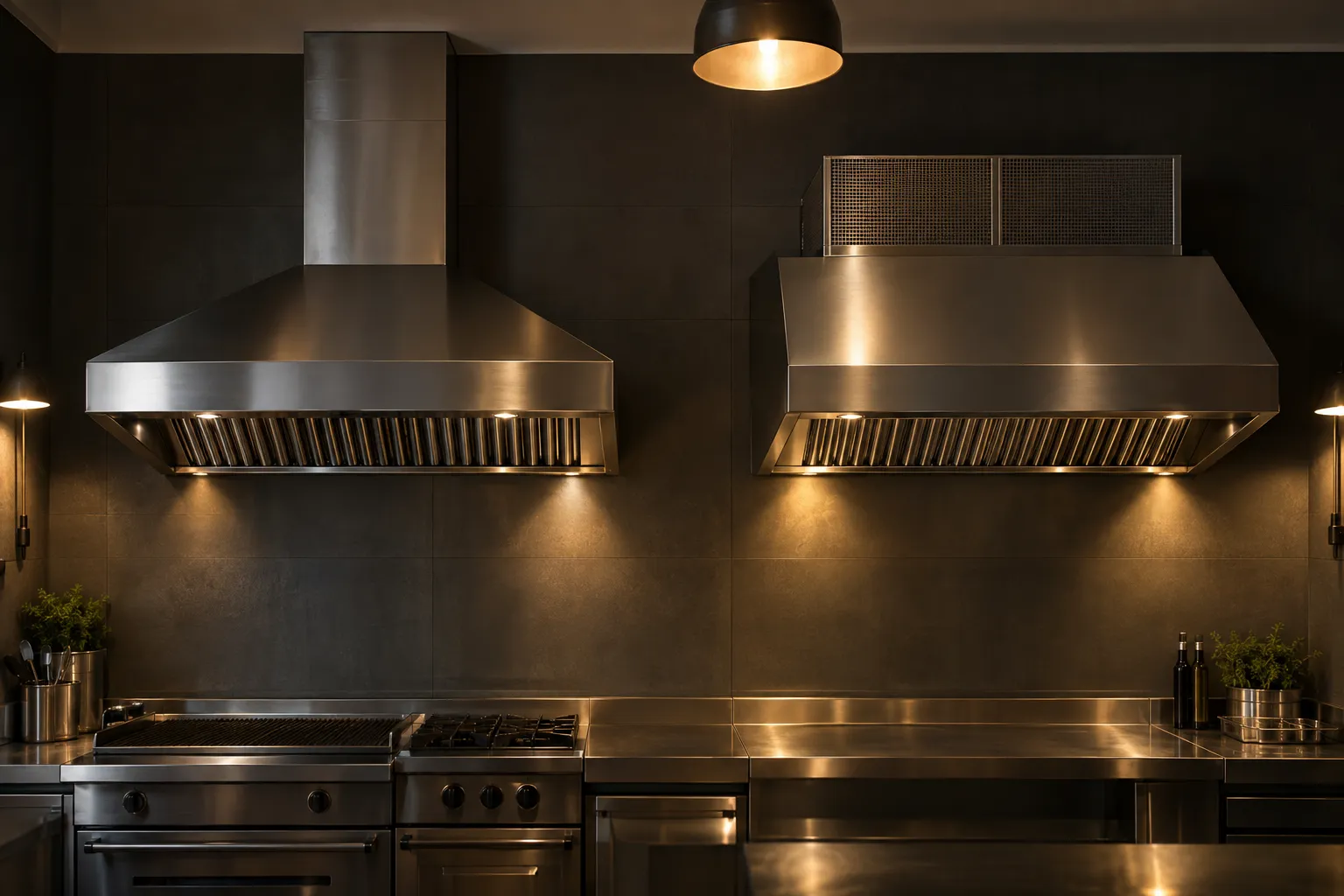 Hotte professionnelle en inox au-dessus d’une plaque de cuisson dans une cuisine industrielle.