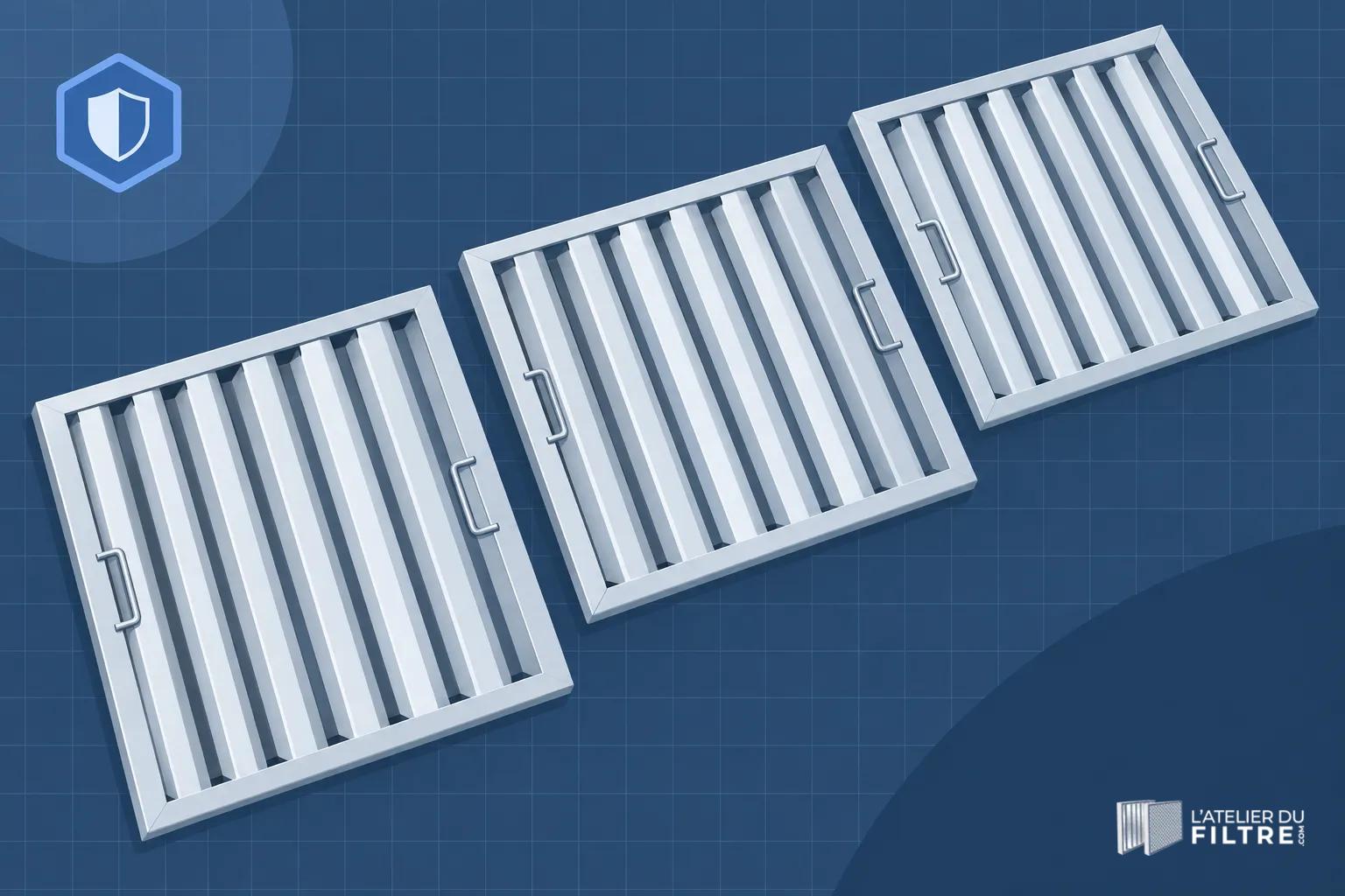 Trois grilles de hotte espacées sur fond bleu.
