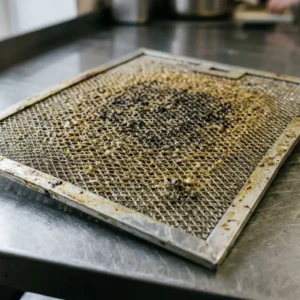 Filtre de hotte de cuisine très sale posé sur une table en inox, à nettoyer et dégraisser ensuite. Inclut le contexte “comment bien nettoyer les filtres de hotte”.