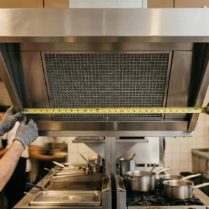 Mesure de la hotte de cuisine professionnelle: deux mains portent le dessus avec ruban métrique, montrant les dimensions de filtre et conduit.