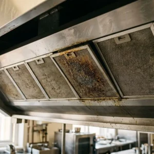 Panneau de hotte aspirante encrassé, montrant des filtres à graisse usés et sales au-dessus de la plaque de cuisson. Inclus: intérieur de cuisine professionnelle. Changer filtre hotte indiqué.