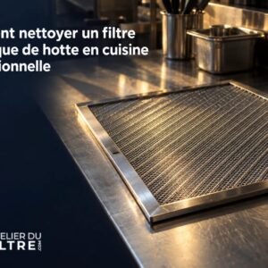 Comment nettoyer filtre métallique de hotte en cuisine professionnelle, démonstration d’un filtre en acier inox et plan de travail pro.
