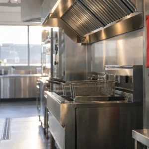 Cuisine professionnelle avec une hotte et une friteuse en acier inoxydable, une bouteille extincteur rouge et un panier